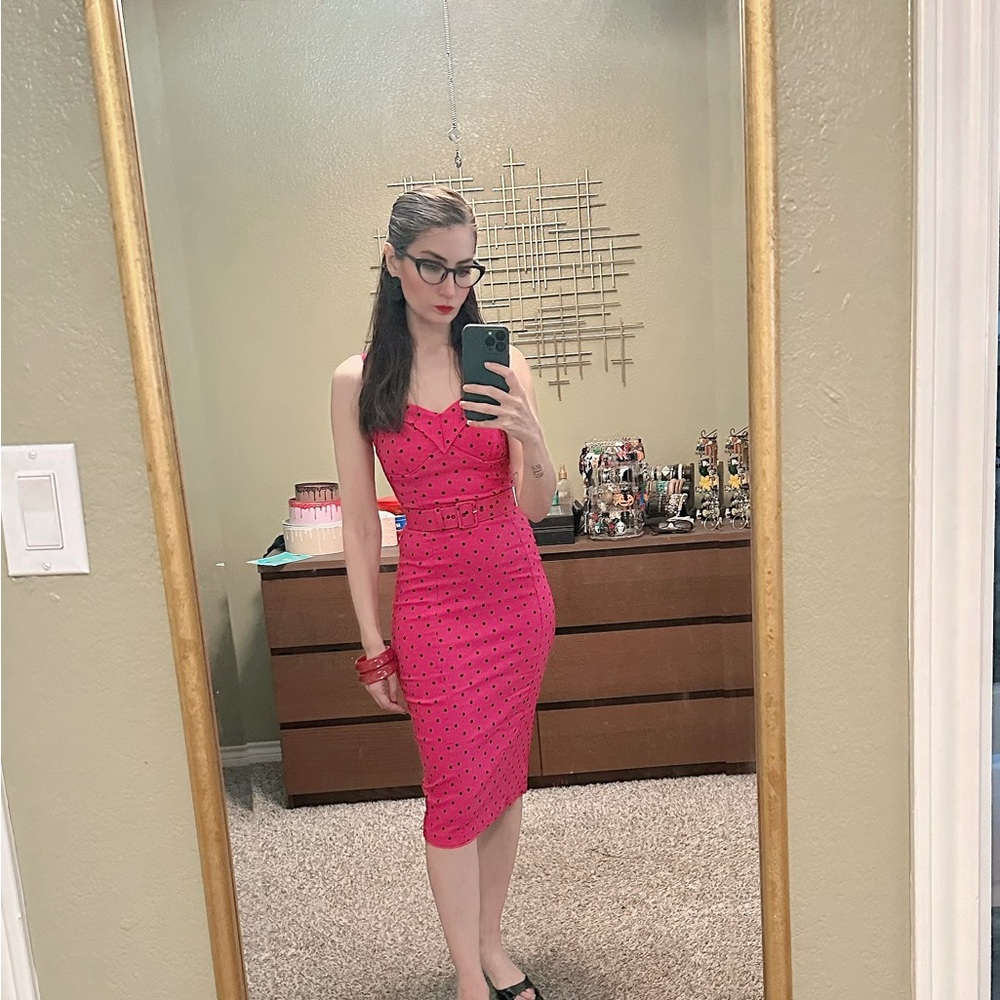 Vixen by Micheline Pitt Pink Polka Dot Wiggle Dress - Picture 5 of 5